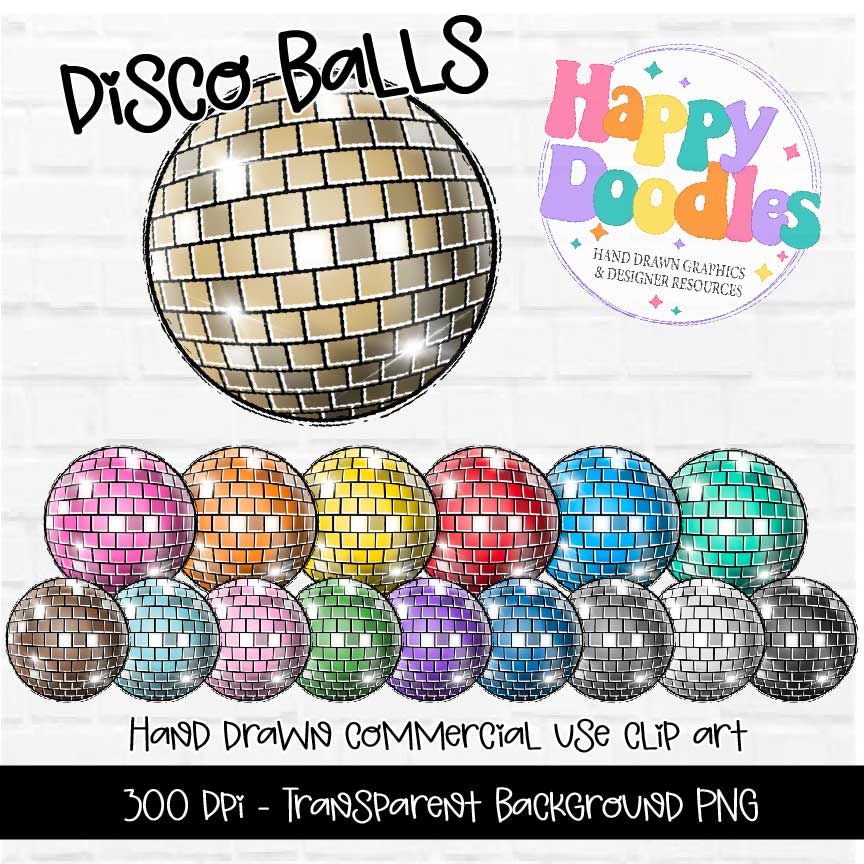 New Years Disco Balls, Hand Drawn Commercial Use Clipart Graphics