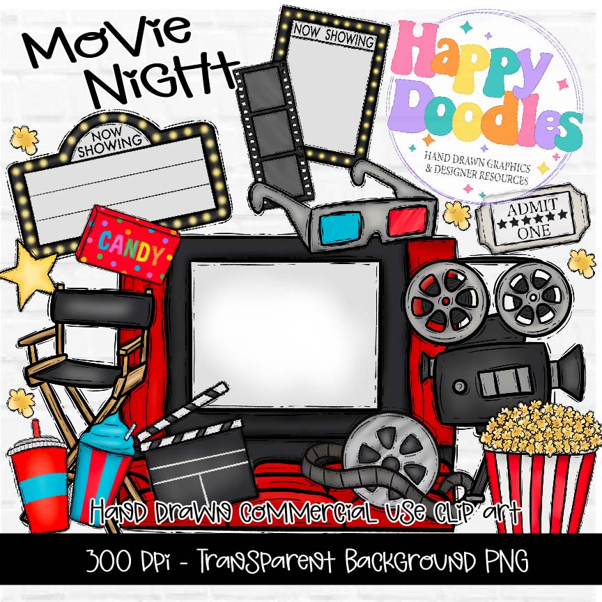 Movie Night Commercial Use Clipart Graphics 2024 – Happy Doodles