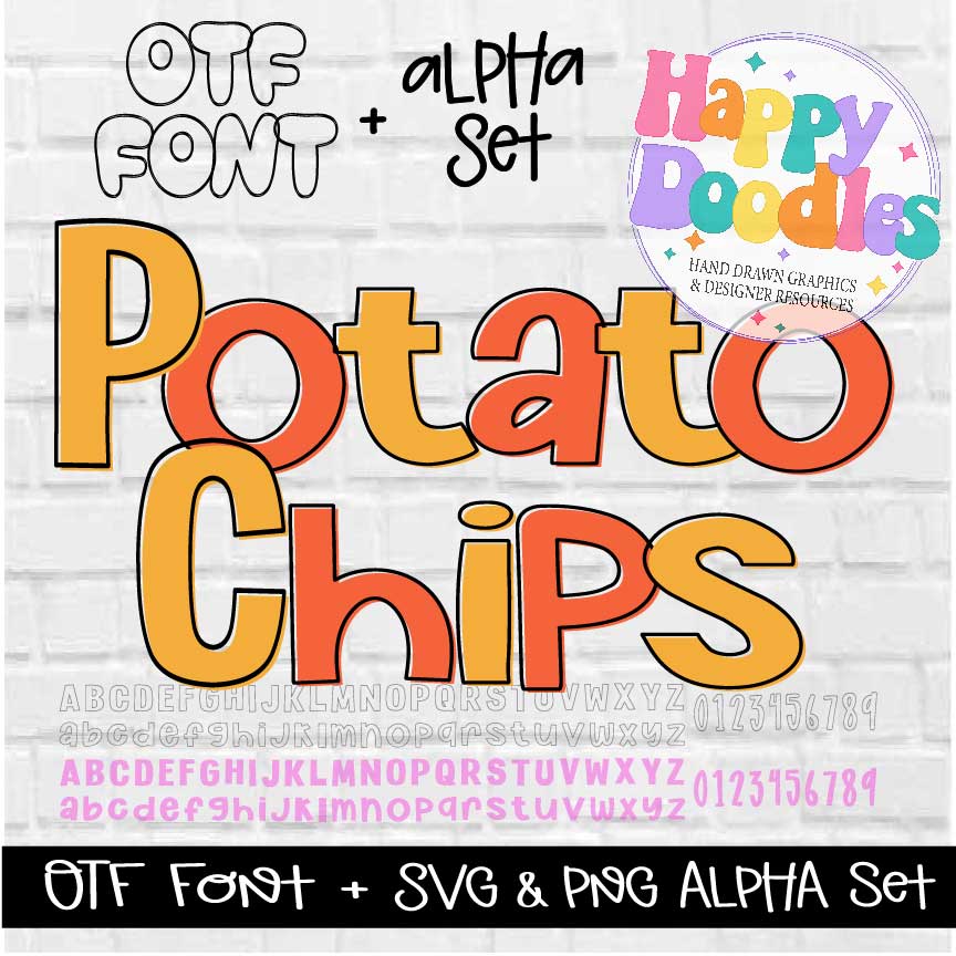 Potato Chips Fillable Alpha Set - Hand Drawn Commercial Use Font - Happy Doodles Designs