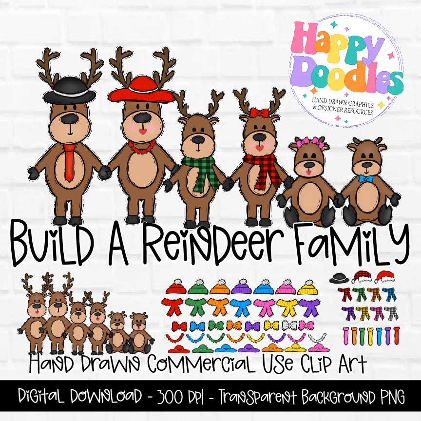 Reindeer Family New Version - Hand Drawn Commercial Use Clipart Graphics - Happy Doodles Designs