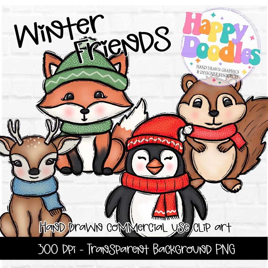 Winter Friends Clipart Graphics 2024 - Happy Doodles Designs