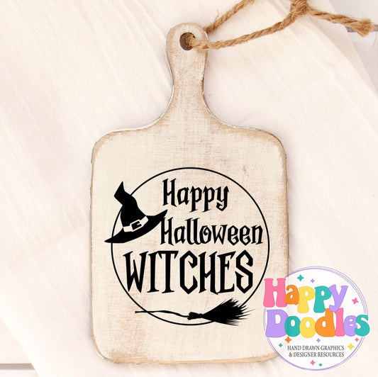 Halloween Sign Circle Happy Halloween Witches SVG | Festive Door Sign SVG for Crafts - Happy Doodles Designs
