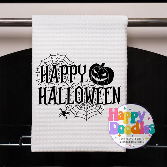 Halloween Sign Happy Halloween Pumpkin Spider SVG | Festive Door Sign SVG for Crafts - Happy Doodles Designs