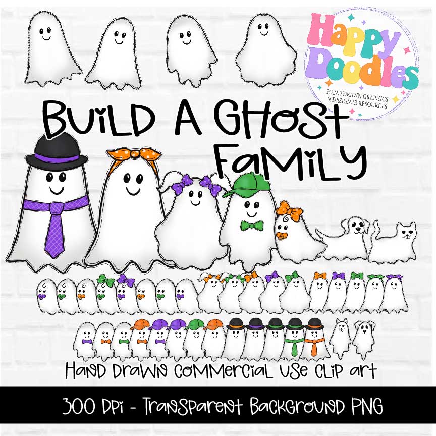 Ghost Family - Hand Drawn Commercial Use Clipart Graphics - Happy Doodles Designs