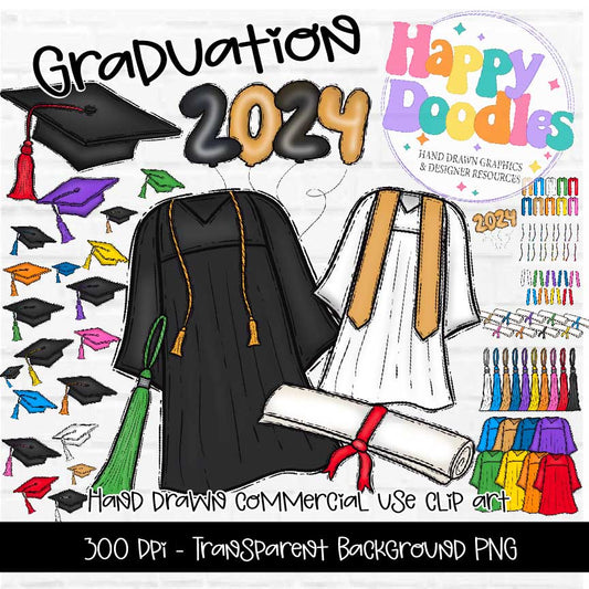 Graduation 2024 - Hand Drawn Commercial Use Clipart Graphics - Happy Doodles Designs