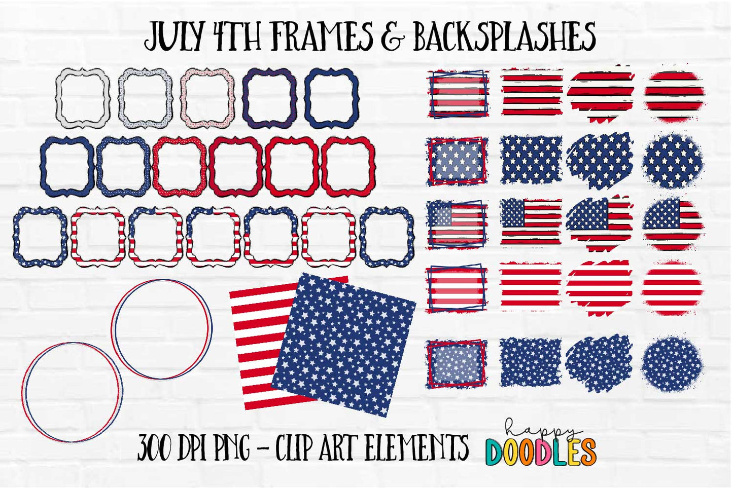 July 4 Frames & Backgrounds - Hand Drawn Commercial Use Clipart Graphics - Happy Doodles Designs