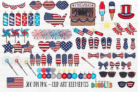 July 4th Red White & Blue Bundle - Hand Drawn Commercial Use Clipart Graphics - Happy Doodles Designs
