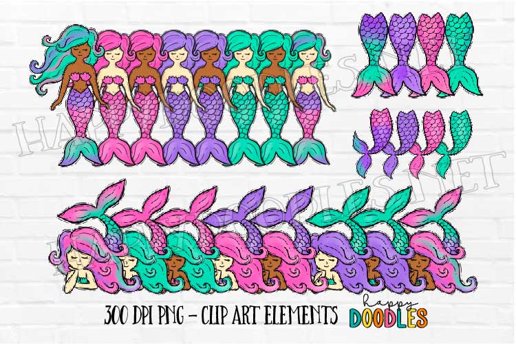 Mermaids - Hand Drawn Commercial Use Clipart Graphics - Happy Doodles Designs