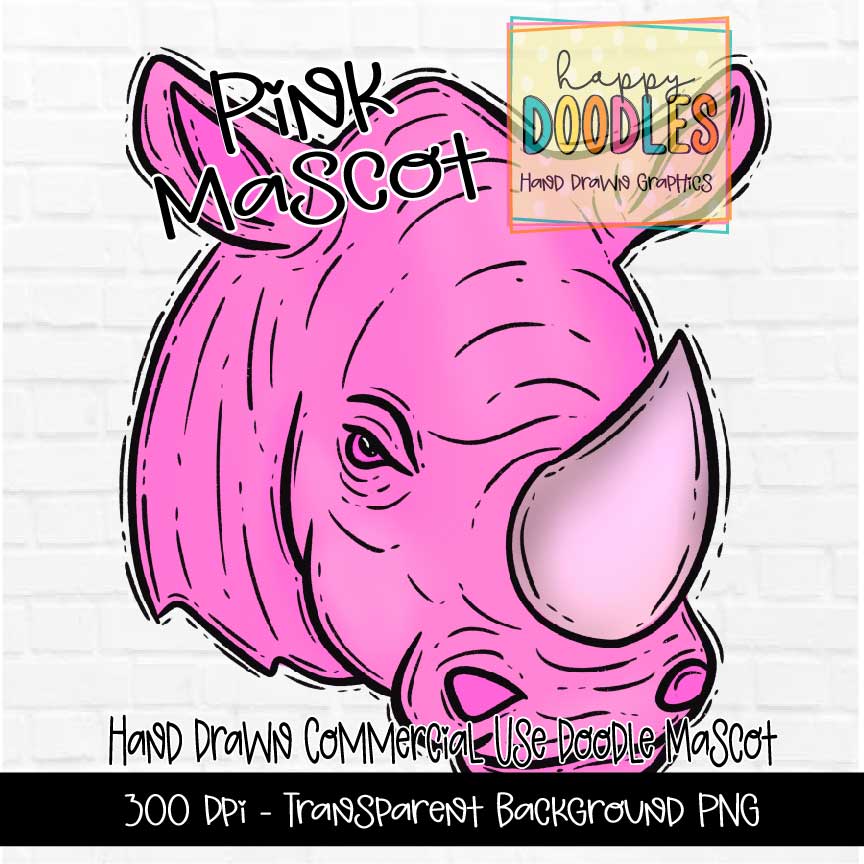 Pink Rhino Mascot Graphics 2023 - Happy Doodles Designs