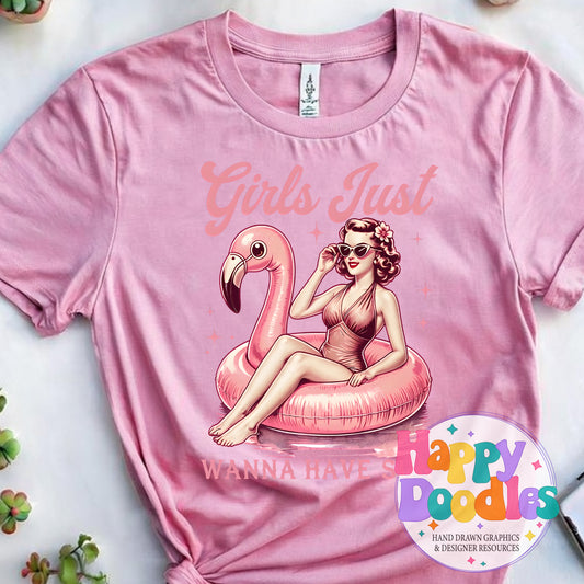 Girls Just Wanna Have Sun Flamingo Float DIY Printable T-Shirt Design - Happy Doodles Designs
