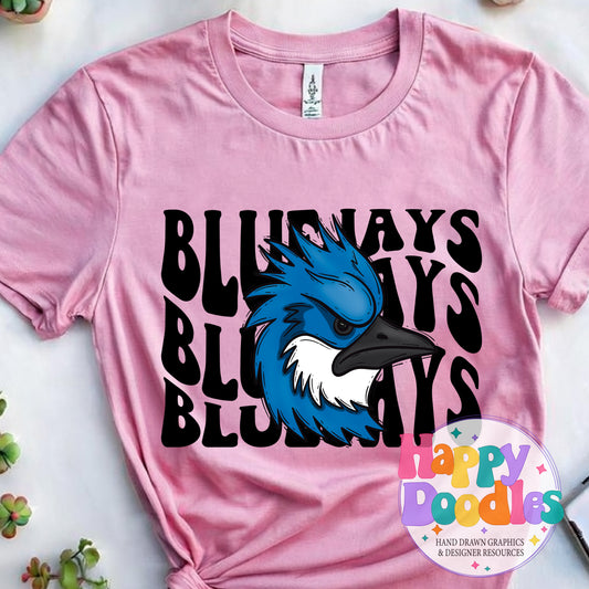 Wavy Retro Bluejays Mascot Printable PNG T‑Shirt Design - Happy Doodles Designs