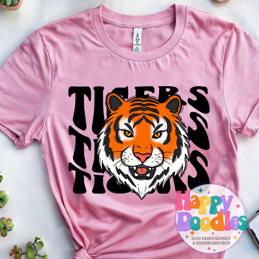 Wavy Retro Tigers Mascot Printable PNG for Sublimation & Crafts - Happy Doodles Designs