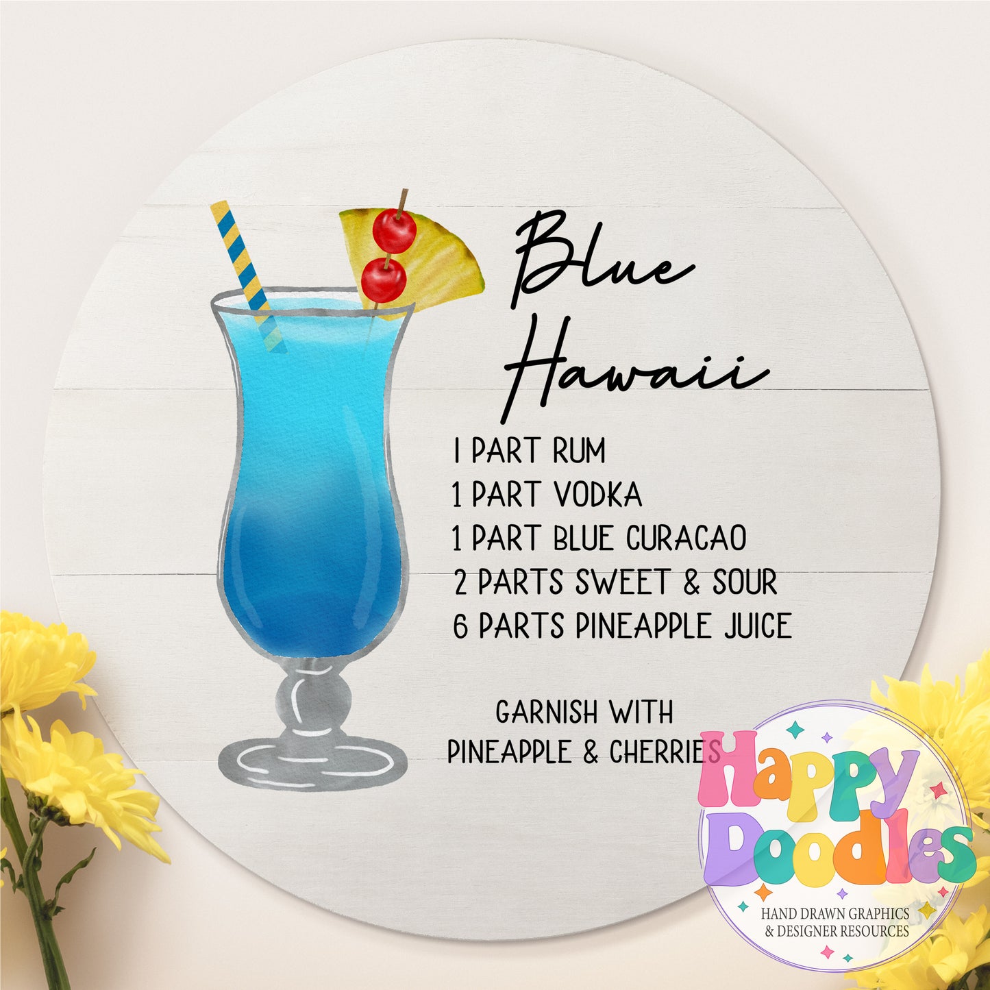 Blue Hawaii Printable PNG Recipe Card - Happy Doodles Designs