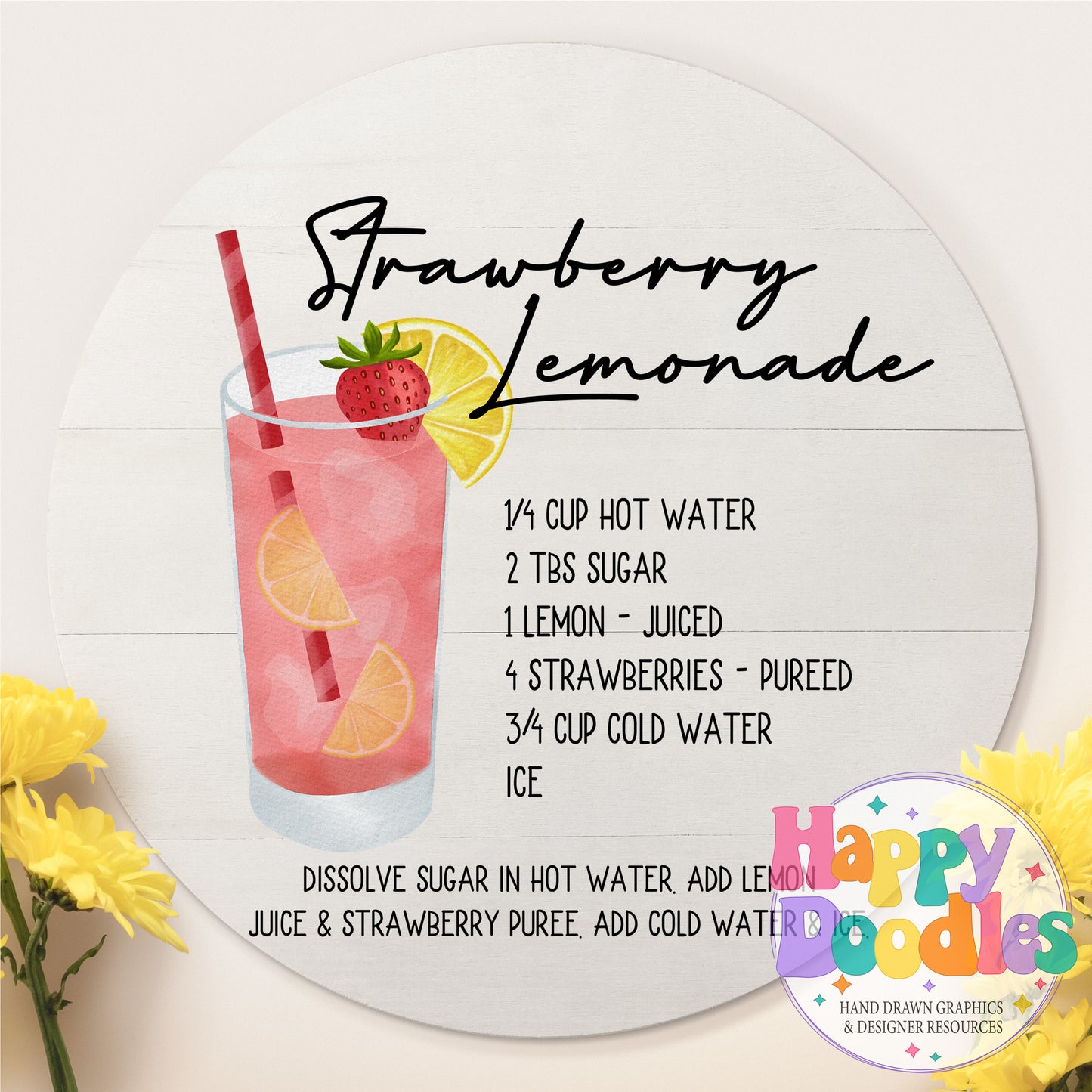 Strawberry Lemonade Recipe Kitchen Bar Printable PNG - Happy Doodles Designs