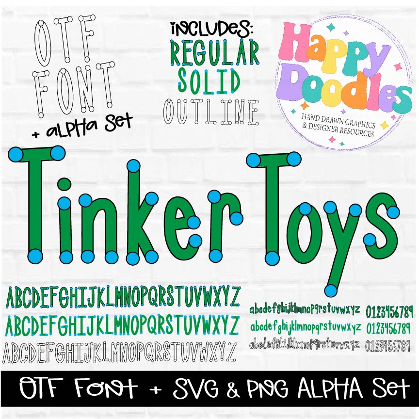 Tinker Toys Fillable Alpha Set - Hand Drawn Commercial Use Font - Happy Doodles Designs