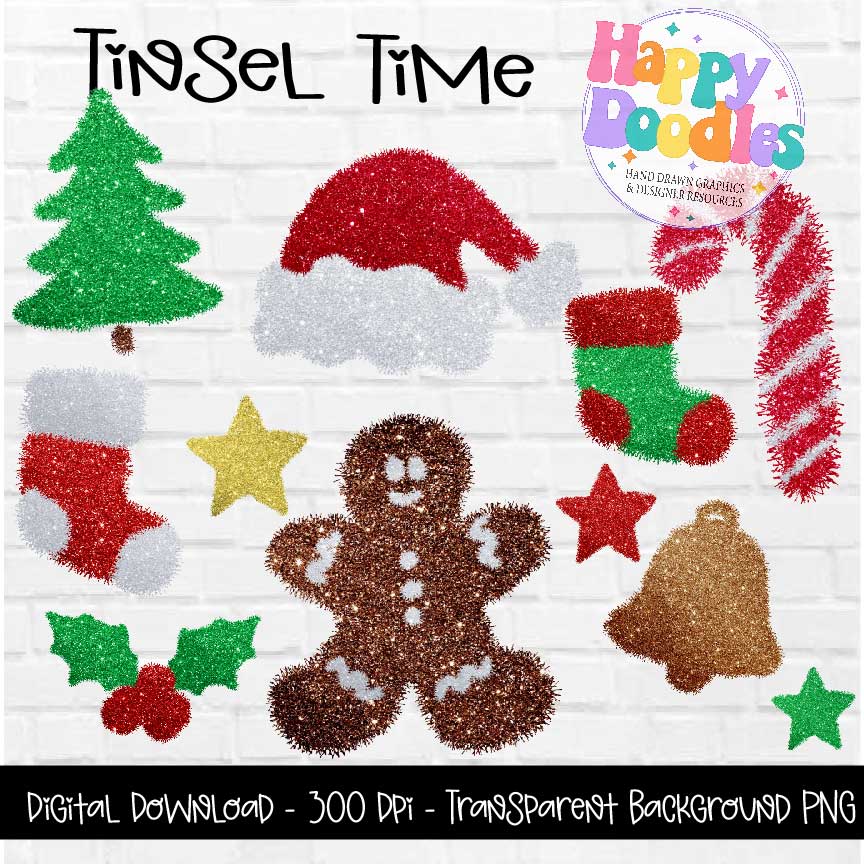 Tinsel Time Christmas , Hand Drawn Commercial Use Clipart Graphics - Happy Doodles Designs