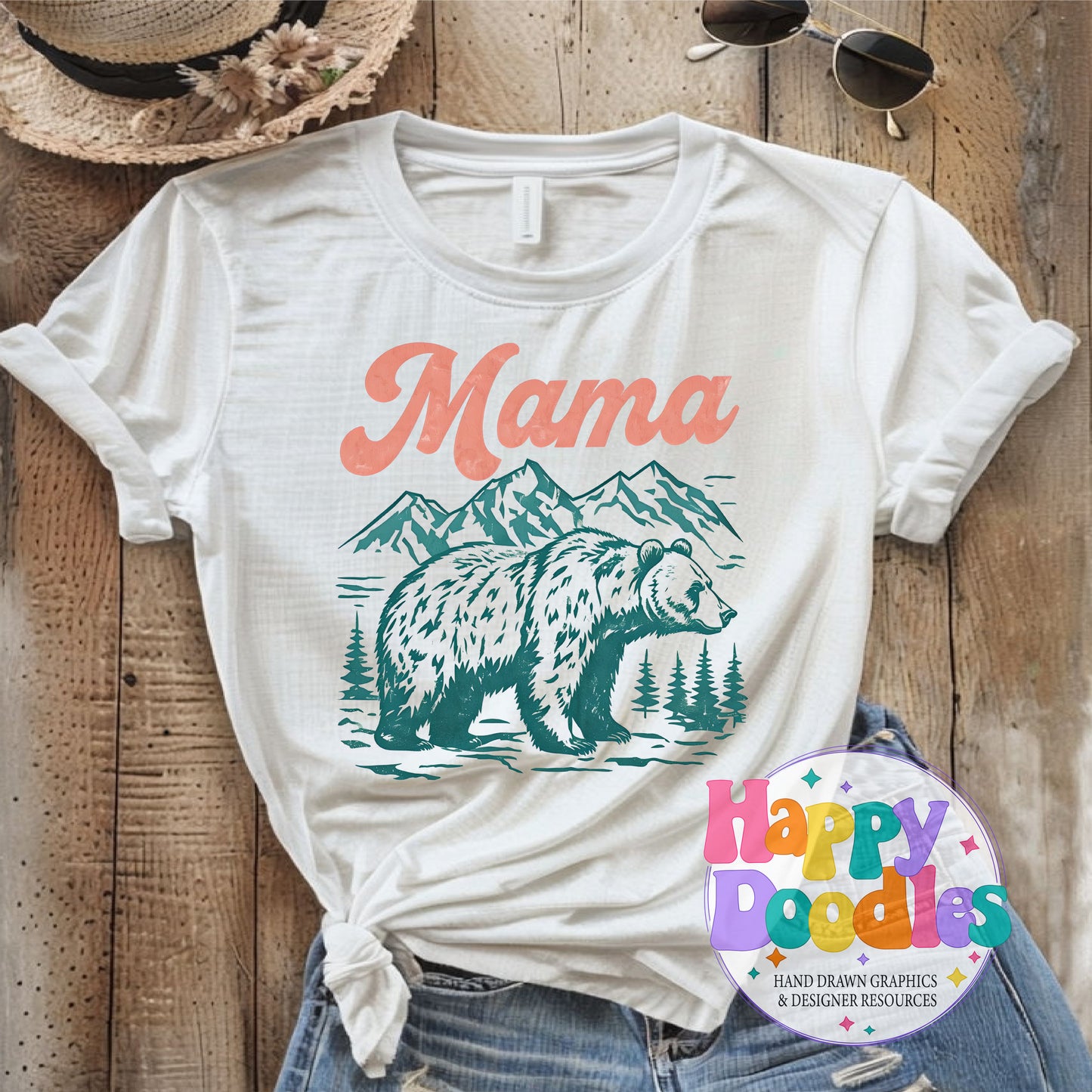 Mama with Bear Scene Printable PNG T-Shirt Design - Happy Doodles Designs
