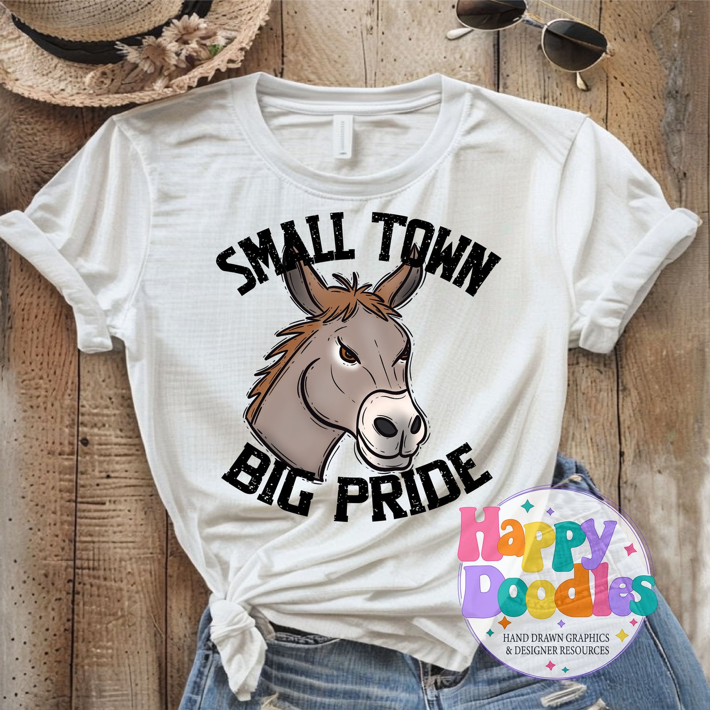 Small Town Big Pride Donkey Printable PNG Design - Happy Doodles Designs