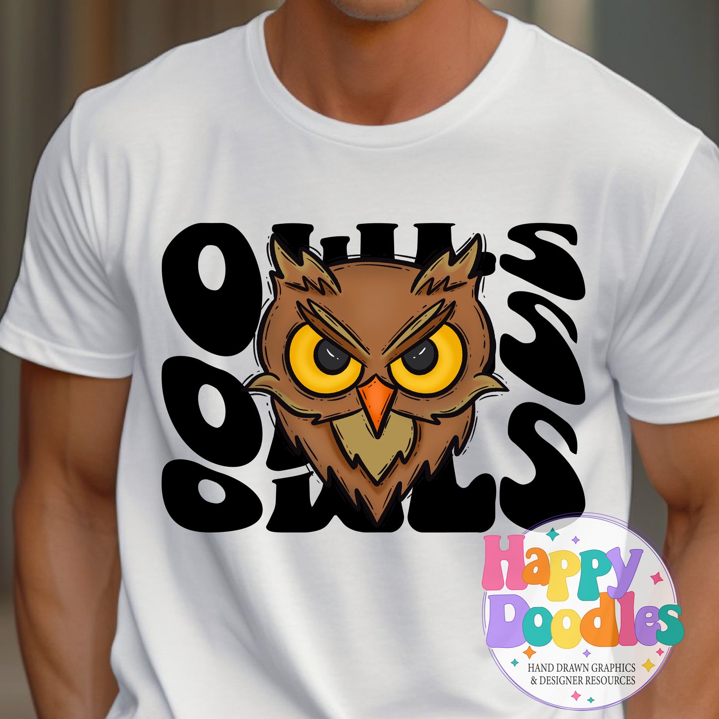 Wavy Retro Owls Mascot DIY Printable T‑Shirt Design - Happy Doodles Designs