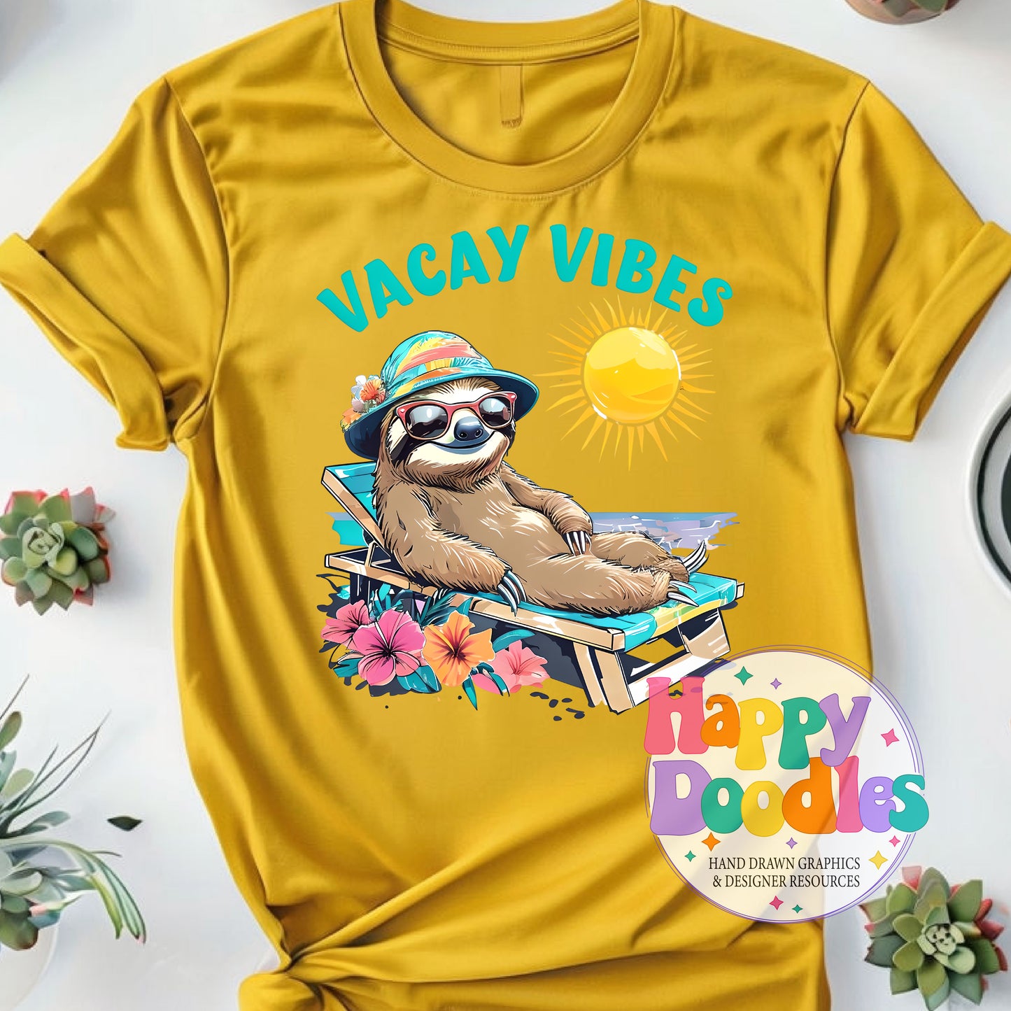 Vacay Vibes Sloth High Resolution Printable PNG - Happy Doodles Designs