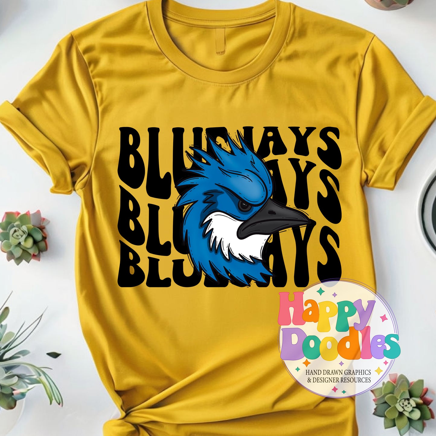 Wavy Retro Bluejays Mascot Printable PNG T‑Shirt Design - Happy Doodles Designs