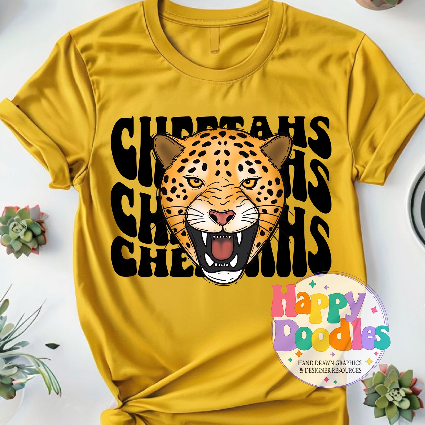 Wavy Retro Cheetahs Mascot High Resolution Printable PNG - Happy Doodles Designs