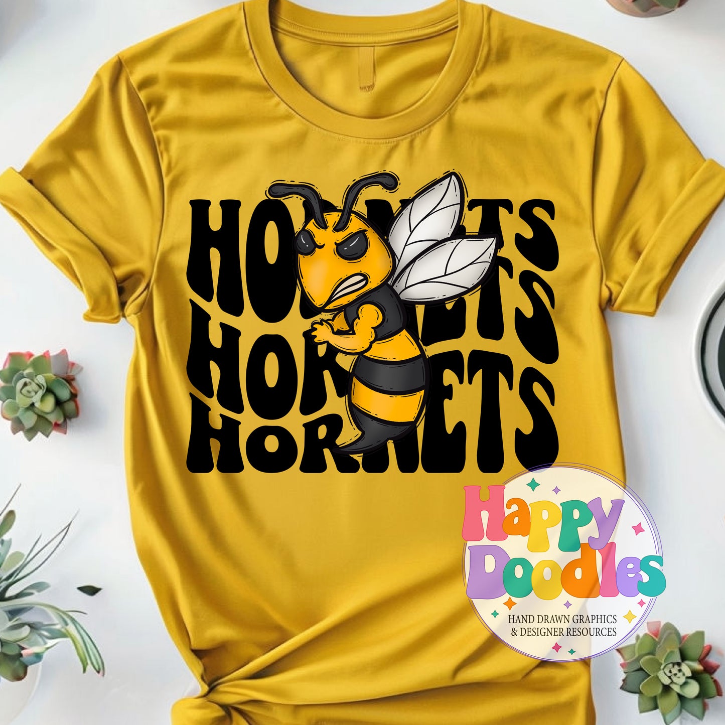 Wavy Retro Hornets Mascot Printable PNG for Sublimation & Crafts - Happy Doodles Designs