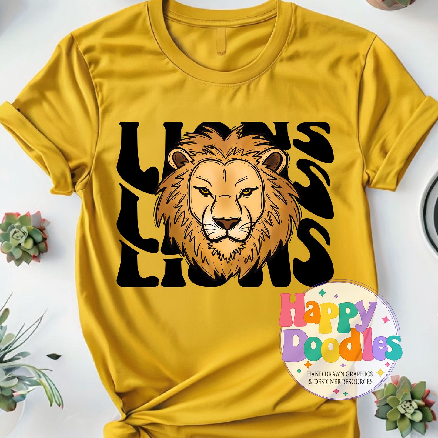 Wavy Retro Lions Mascot DIY Printable T‑Shirt Design - Happy Doodles Designs