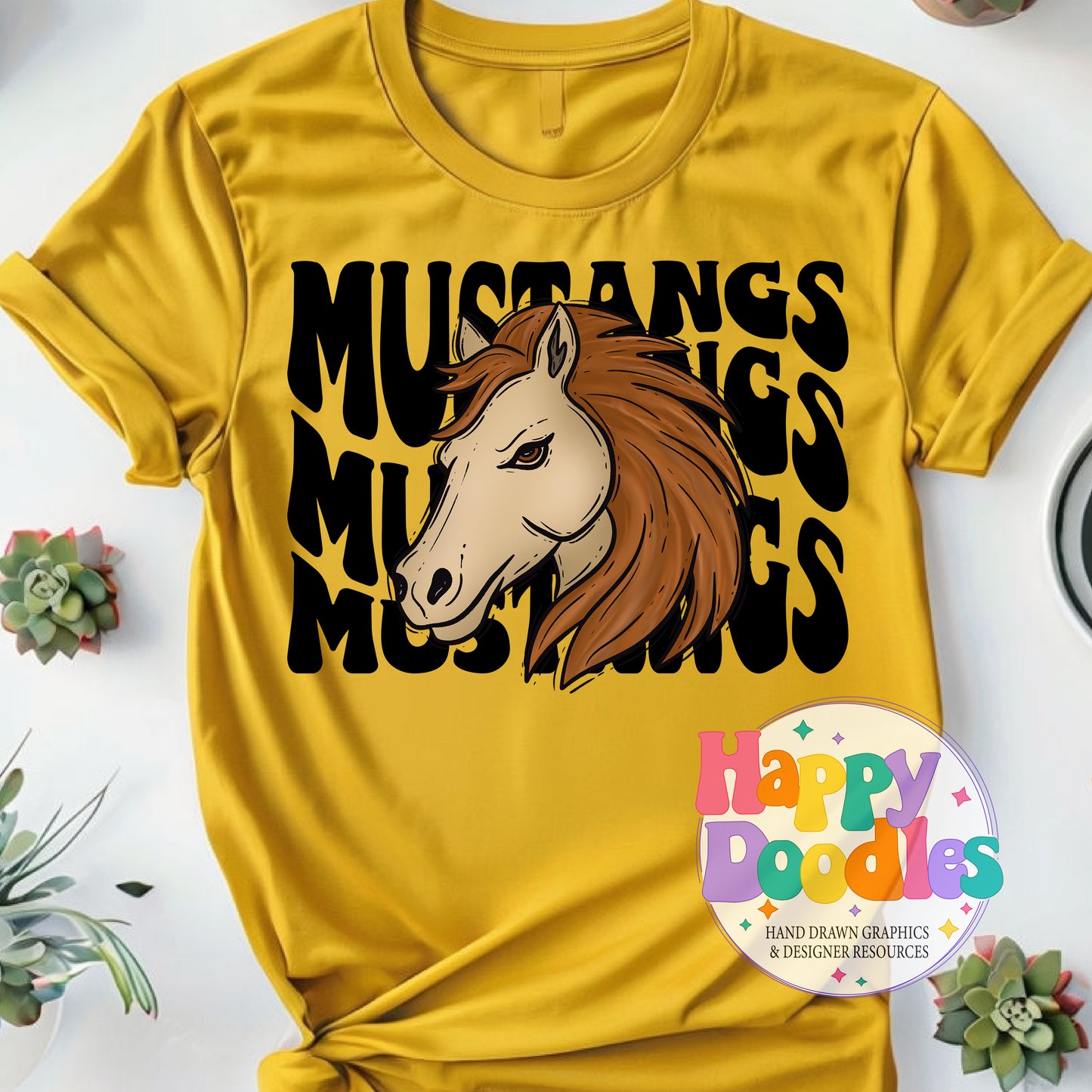 Wavy Retro Mustangs Mascot Printable PNG T‑Shirt Design - Happy Doodles Designs