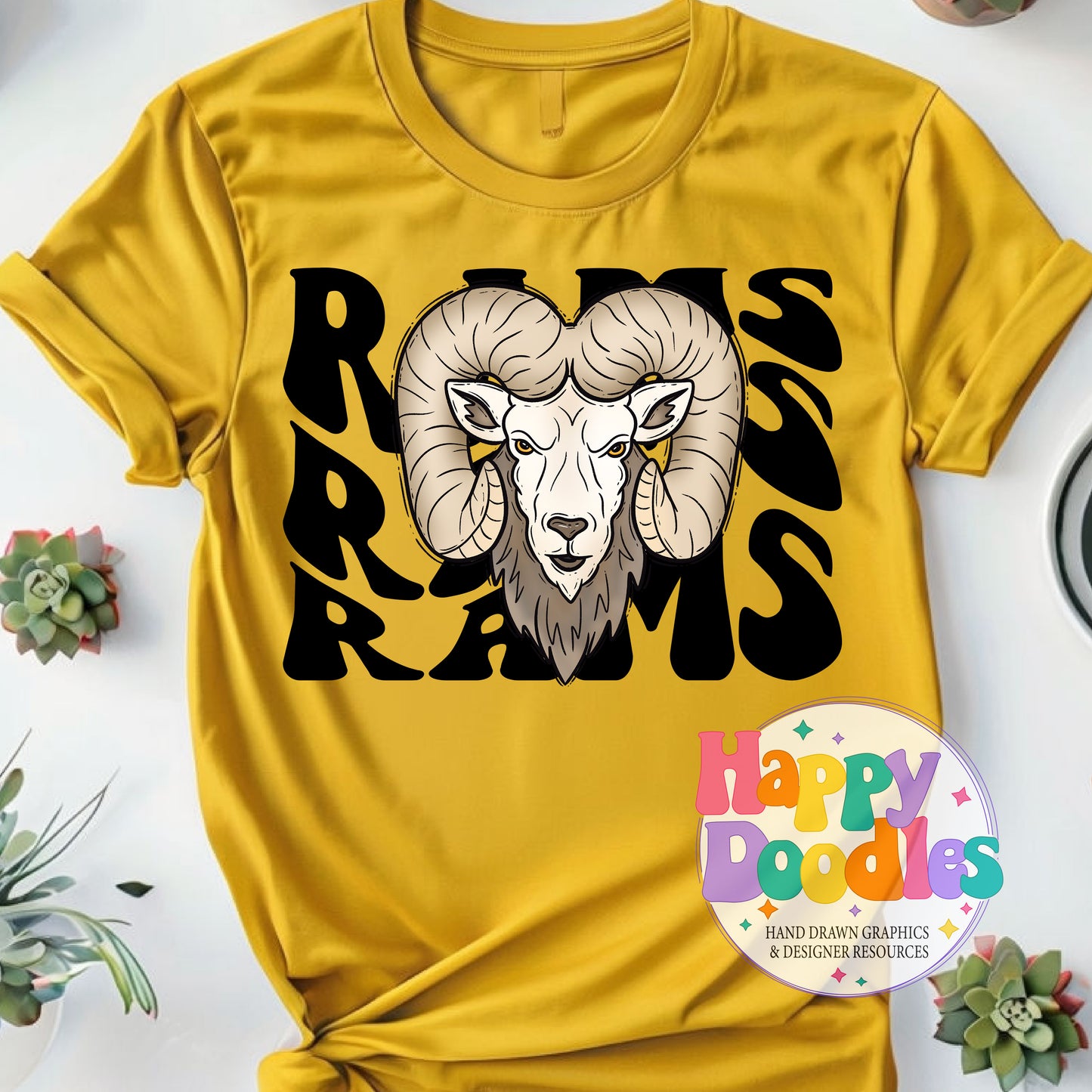 Wavy Retro Rams Mascot Printable PNG for Sublimation & Crafts - Happy Doodles Designs
