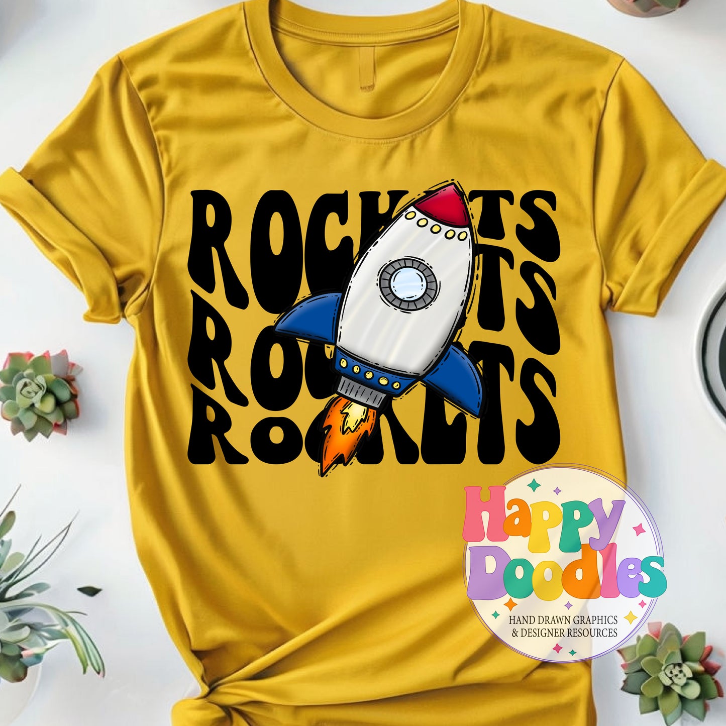 Wavy Retro Rockets Mascot Printable PNG T‑Shirt Design - Happy Doodles Designs