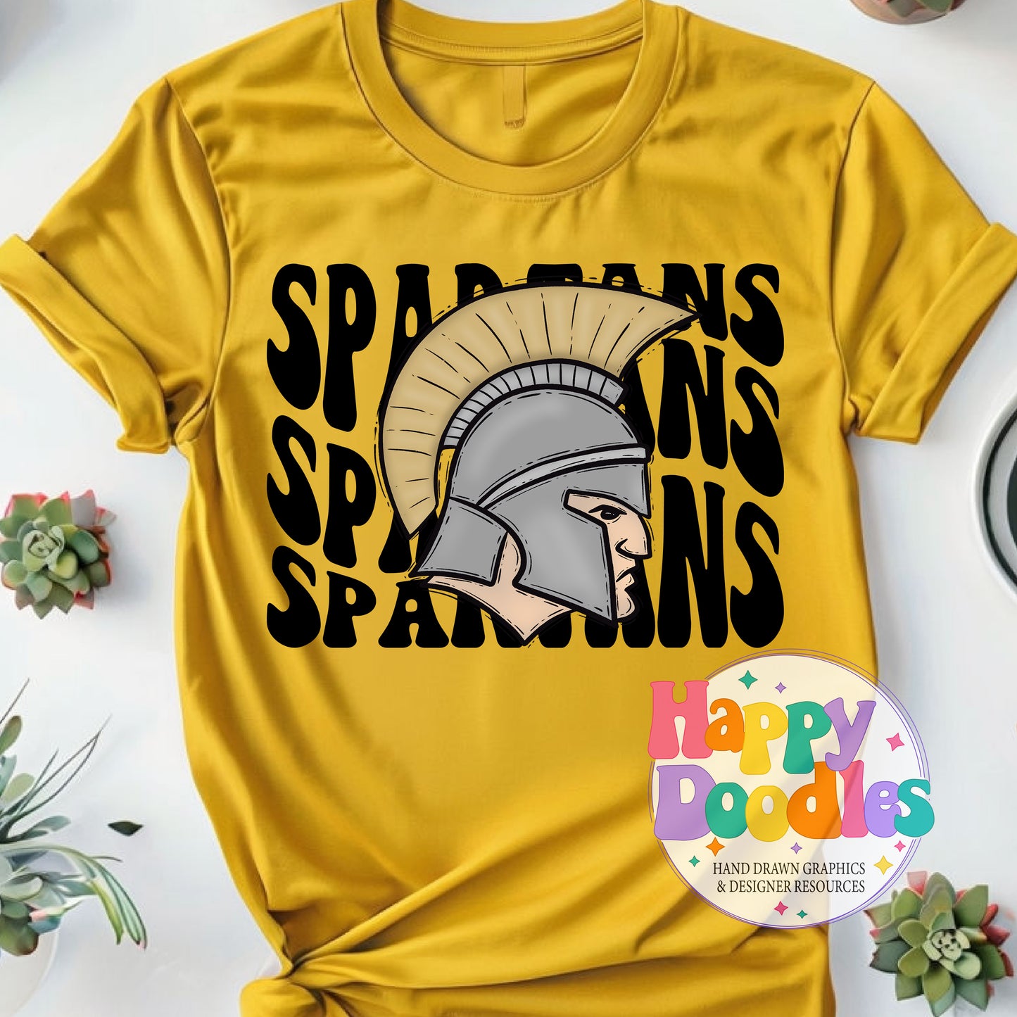 Wavy Retro Spartans Mascot Printable PNG T‑Shirt Design - Happy Doodles Designs