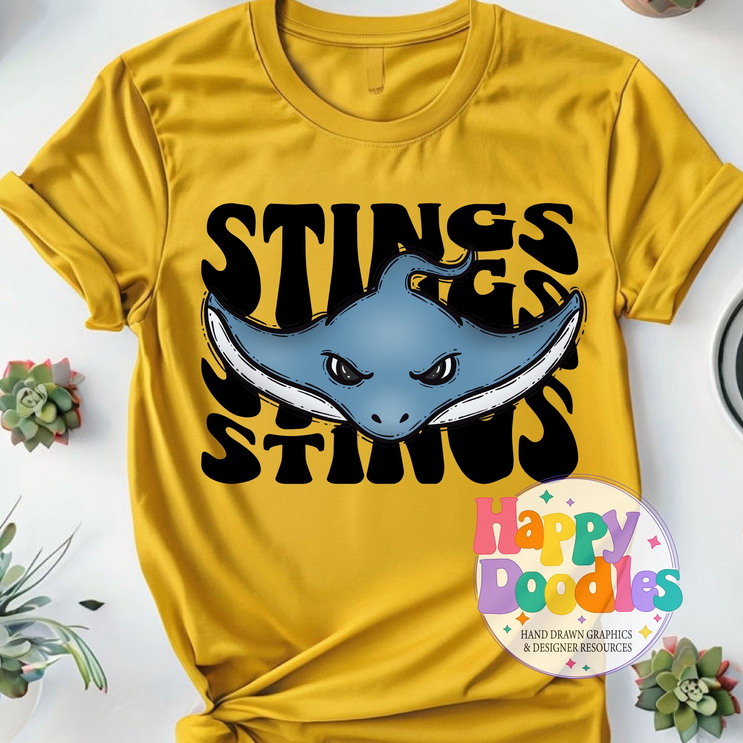 Wavy Retro Stings Mascot Printable PNG T‑Shirt Design - Happy Doodles Designs