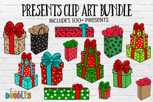 Bundle Of Presents - Hand Drawn Christmas Gifts Presents and Gift Bags Clip Art - Happy Doodles Designs