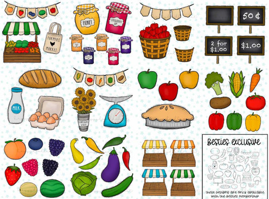 Farmers Market Bundle - Hand Drawn Commercial Use Clipart Graphics - Happy Doodles Designs