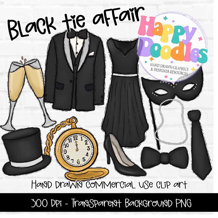 Black Tie Affair, New Years, Hand Drawn Commercial Use Clipart Graphics