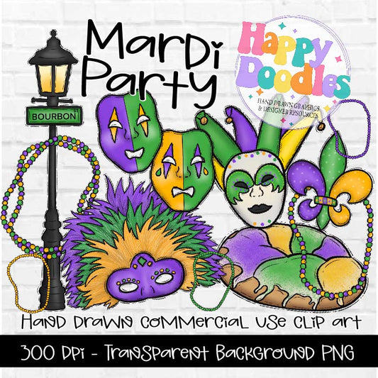 Mardi Gras Party, Hand Drawn Commercial Use Clipart Graphics