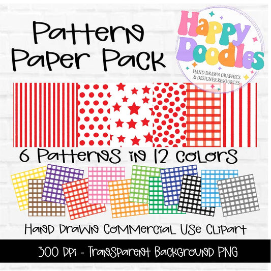 Stripes, Dots, Plaid & Stars Digital Paper Pack | 72 Seamless Pattern Papers (12 Colors) - Happy Doodles Designs