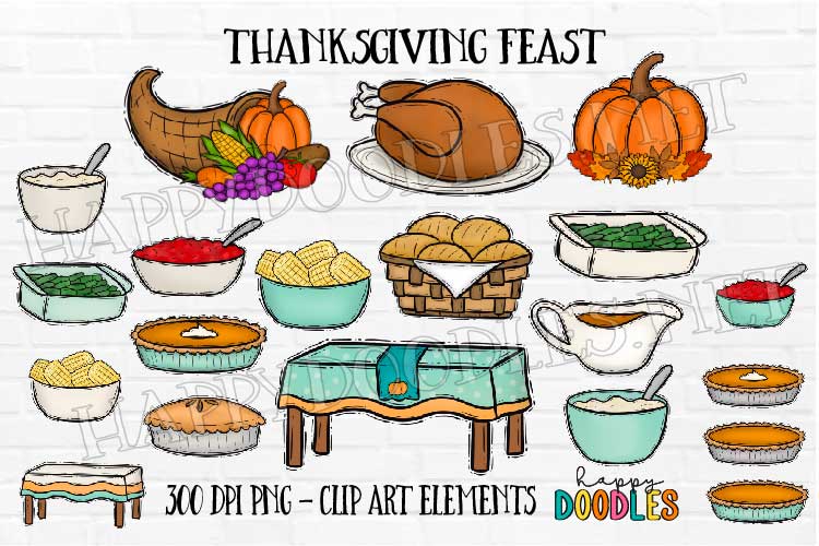Thanksgiving Feast - Hand Drawn Commercial Use Clipart Graphics – Happy ...