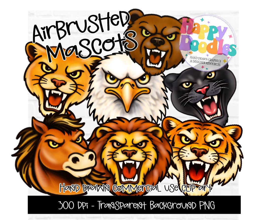 Airbrushed Mascot Set - Includes 7 Mascots - Happy Doodles Designs