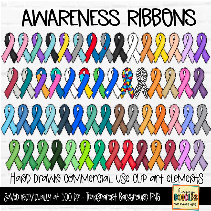 Awareness Ribbons Bundle - Hand Drawn Commercial Use Clipart Graphics ...
