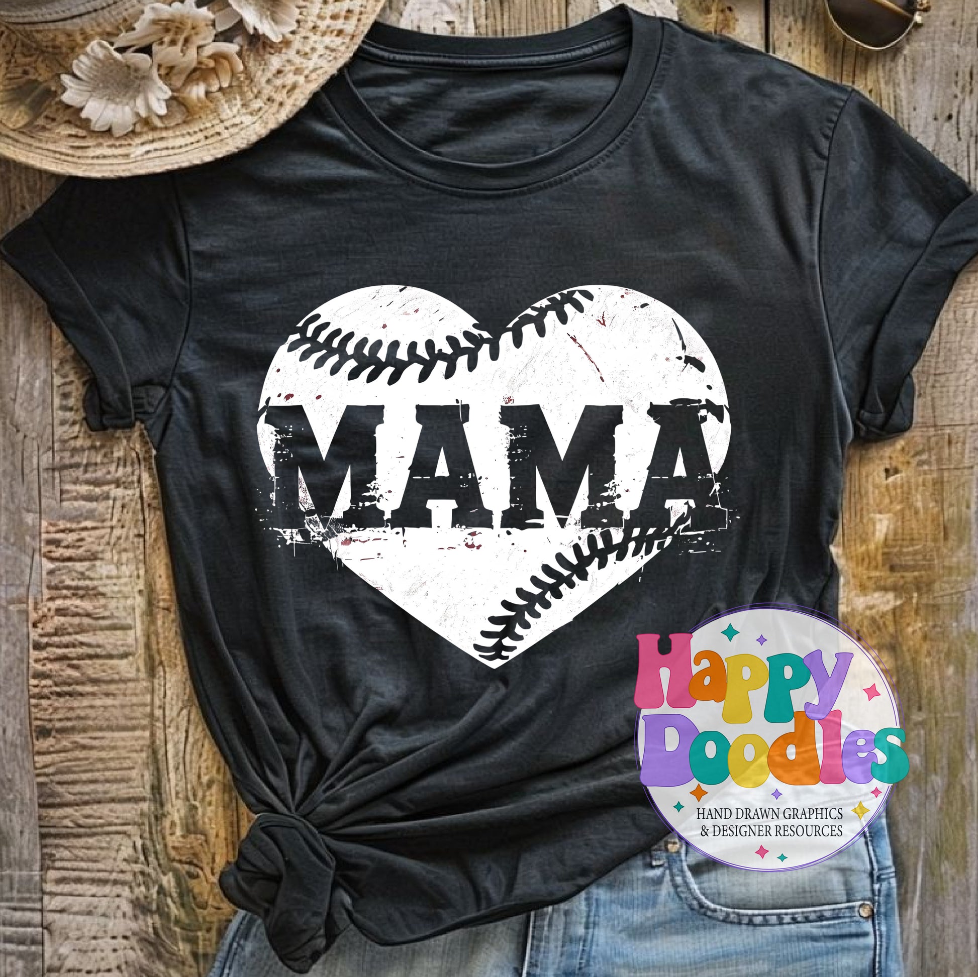 Mama Baseball Heart Distressed Printable PNG T-Shirt Design - Happy Doodles Designs