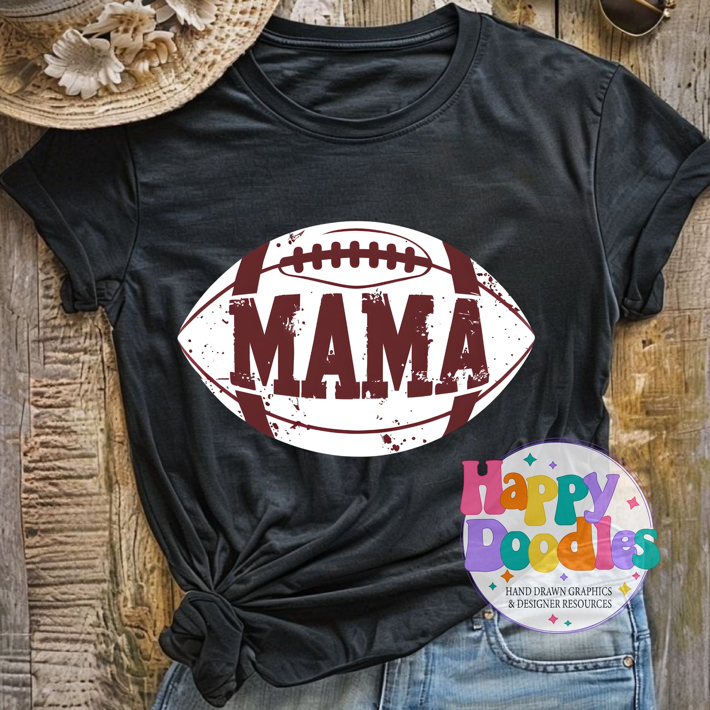 Mama Football Distressed T-Shirt Printable PNG Download - Happy Doodles Designs