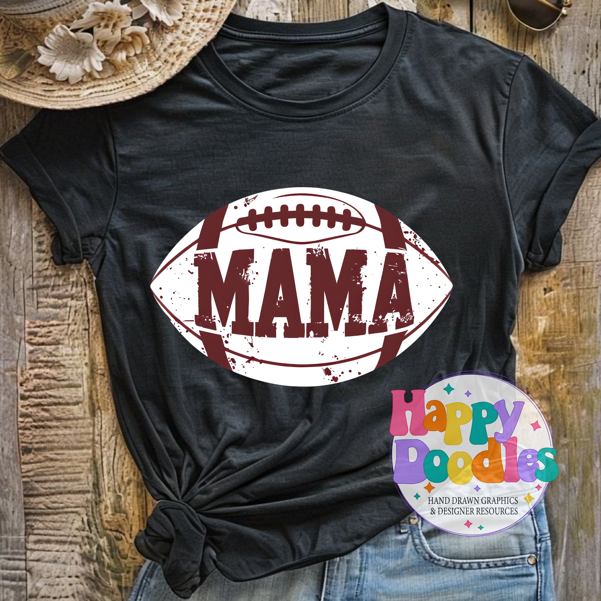 Mama Football Distressed T-Shirt Printable PNG Download - Happy Doodles Designs