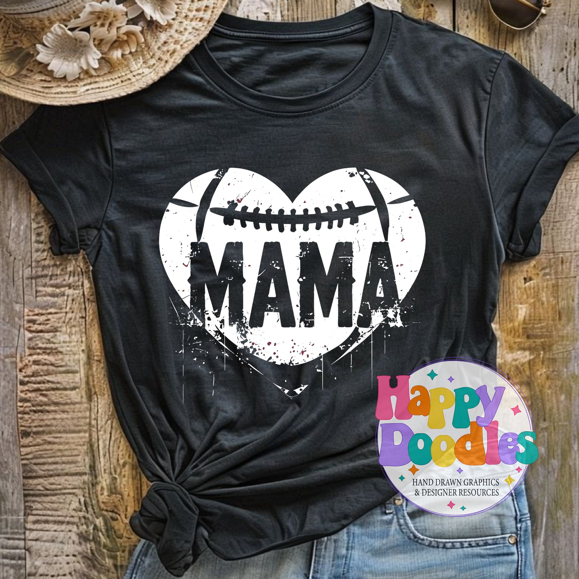 Mama Football Heart Distressed Printable PNG for Sublimation & Crafts - Happy Doodles Designs
