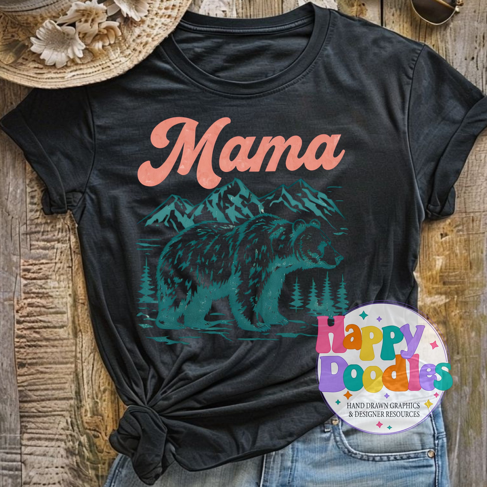Mama with Bear Scene Printable PNG T-Shirt Design - Happy Doodles Designs