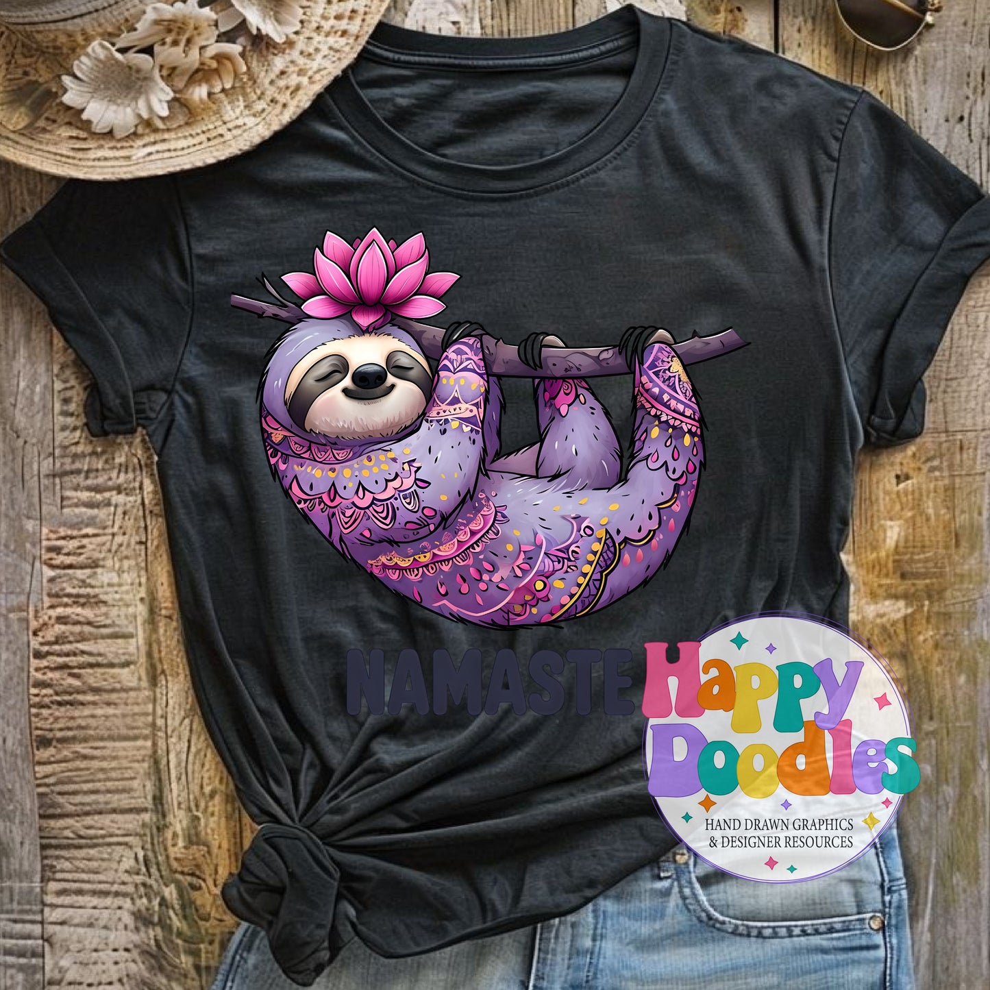 Namaste Sloth DIY Printable T-Shirt Design - Happy Doodles Designs