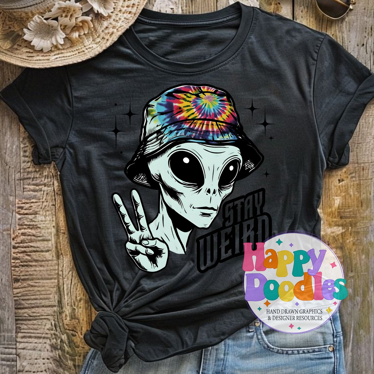 Stay Weird Peace Alien T-Shirt Printable PNG Download - Happy Doodles Designs