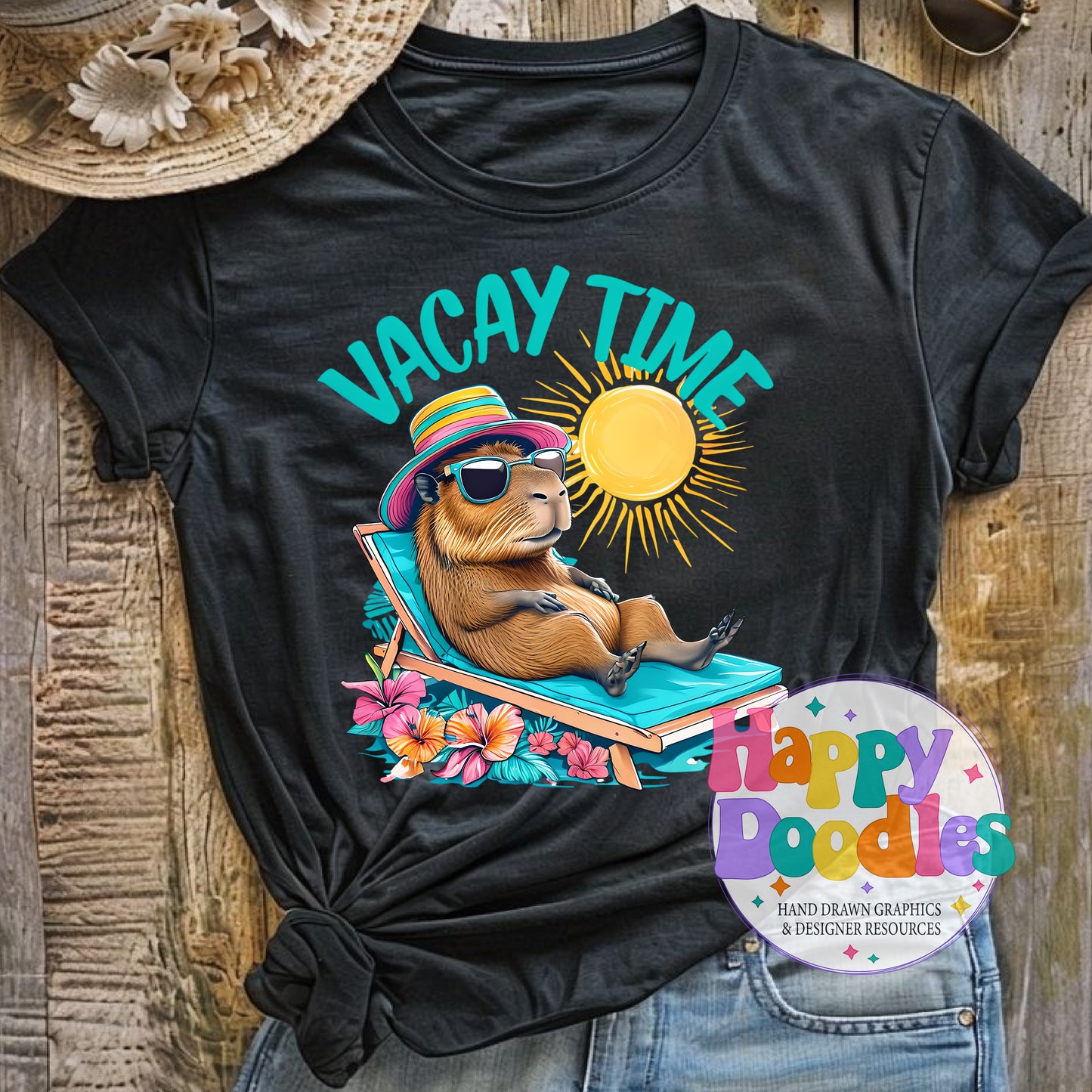 Vacay Time Capybara Printable PNG T-Shirt Design - Happy Doodles Designs