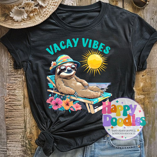 Vacay Vibes Sloth High Resolution Printable PNG - Happy Doodles Designs